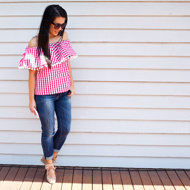 http://www.tandjdesigns.com/view-all/red-check-pom-pom-off-shoulder-top/
