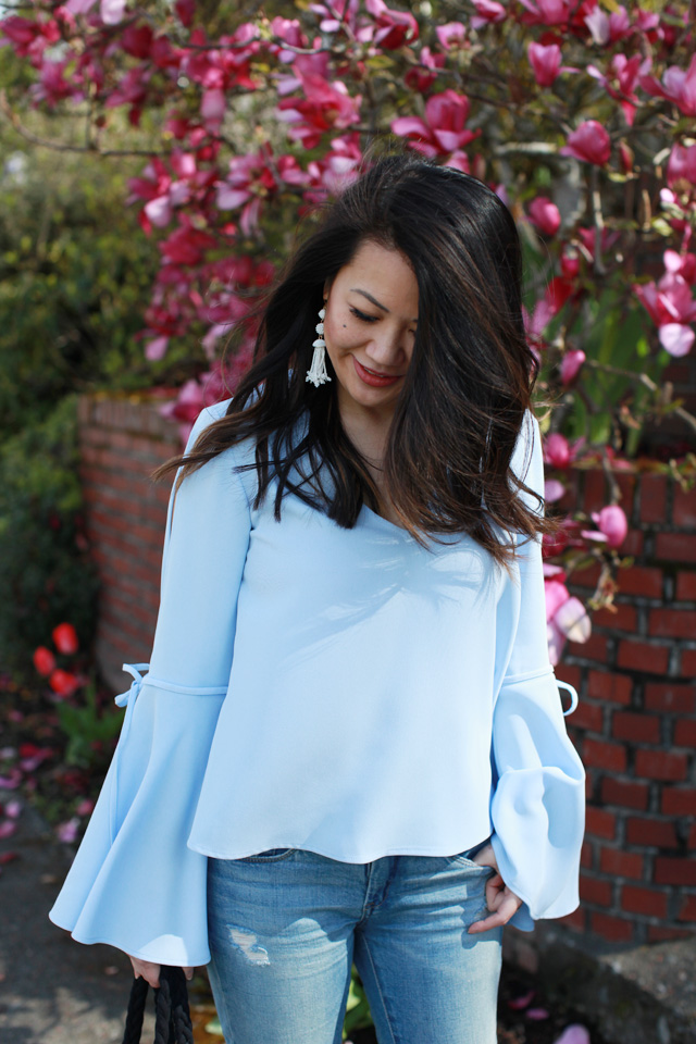 Spring outfit ideas - Bell Sleeves Tie top + Tassel earrings + Embroidered Tote Bag