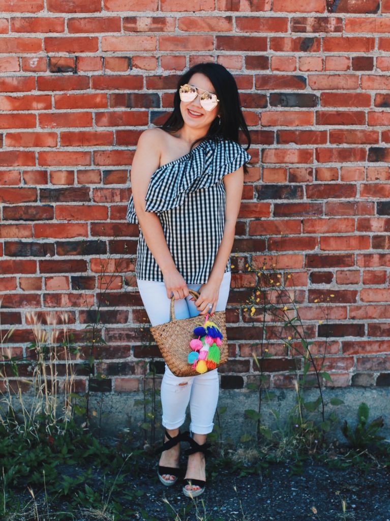 Ruffle gingham top and white jeans