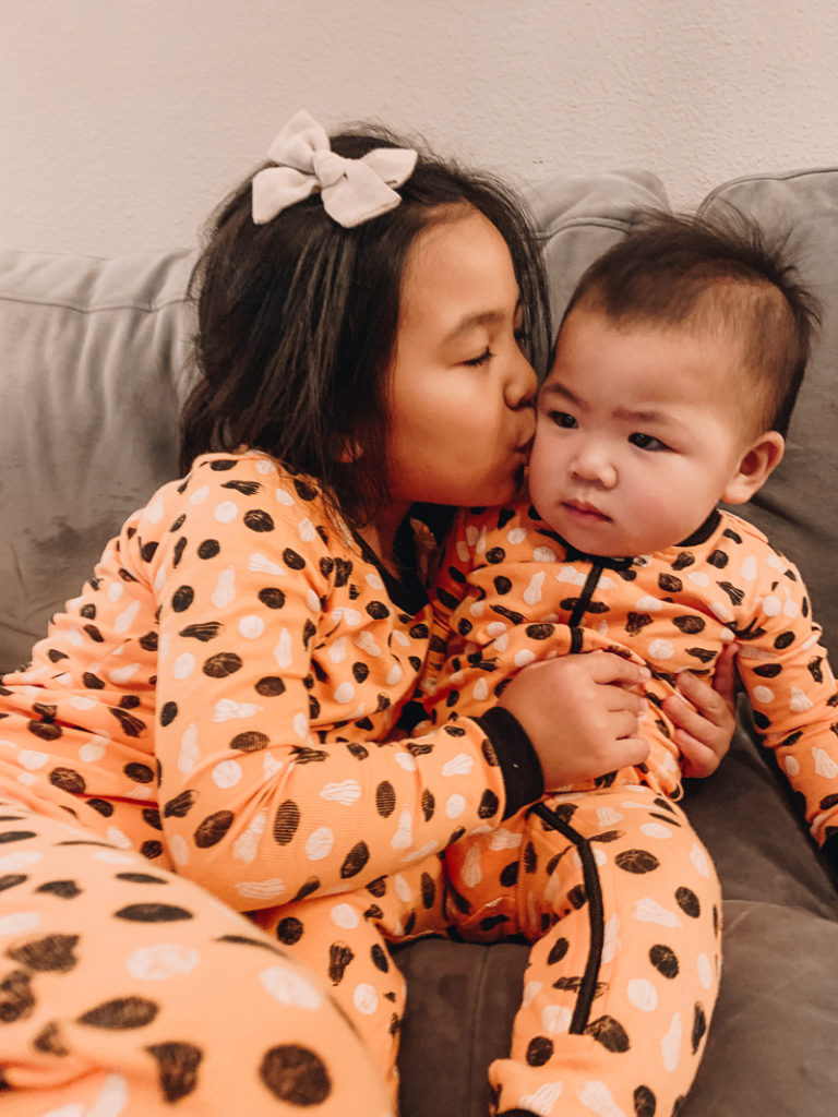 kids wearing fall matching pajamas