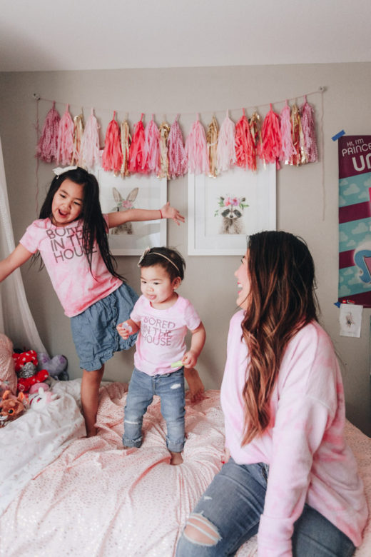Mom and daughters in matching tie dye