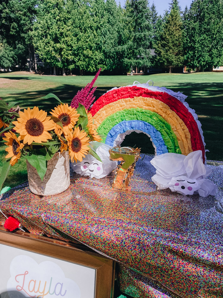 rainbow pinata and sunflowers