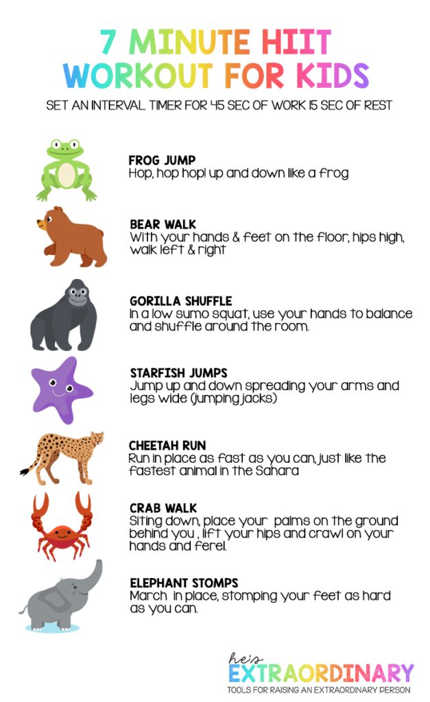 7 minute HIIT workout for kids - indoor games and activities for kids