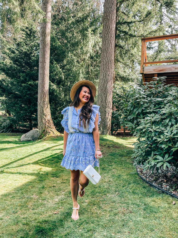 girl wearing chambray ruffle dress