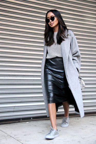gray coat and skirt