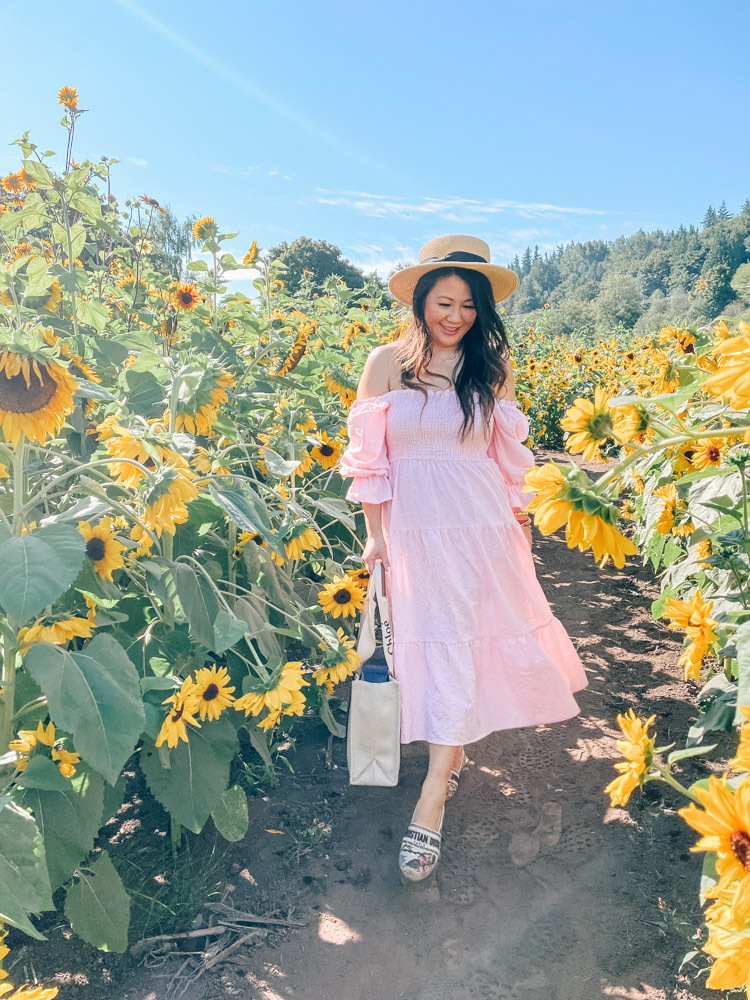 Smocked Off Shoulder Midi Dress: