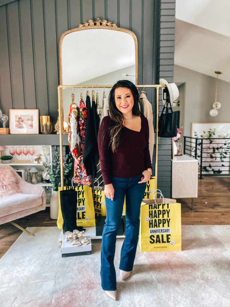 sweater and wide leg jeans
