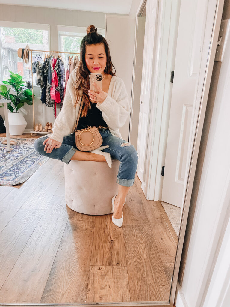 white cardigan and white shoes outfit