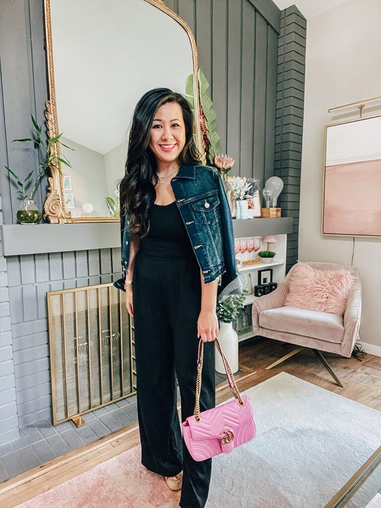 jumpsuit and denim jacket fall outfit idea