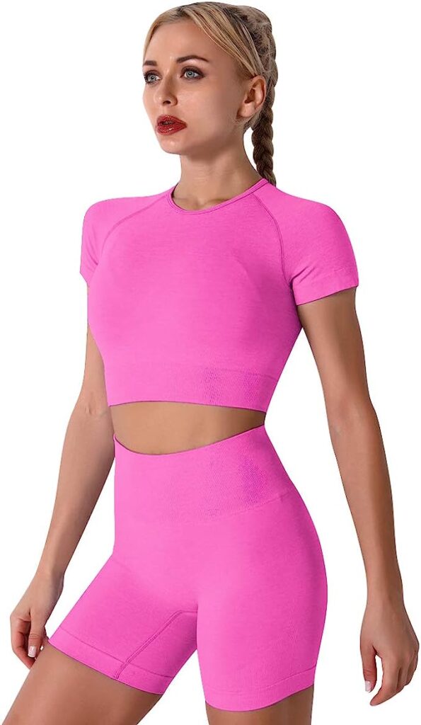 2 Piece Workout Short Sleeve Crop Top with High Waisted Running Shorts Set