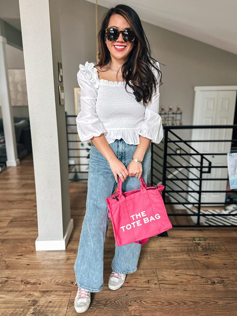 white blouse and jeans summer outfit for women over 40