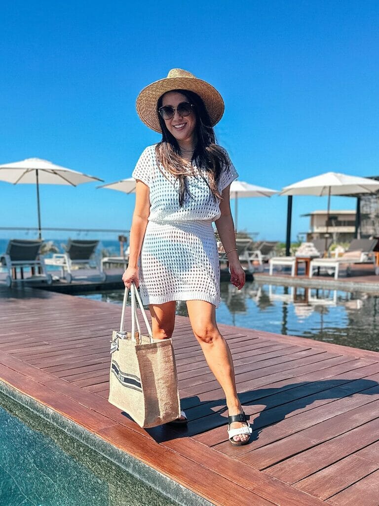 white sandals and swim coverup outfit