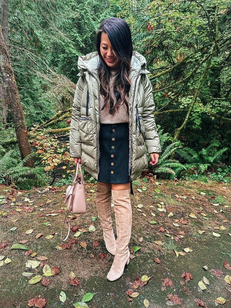 skirt outfit with OTK boots