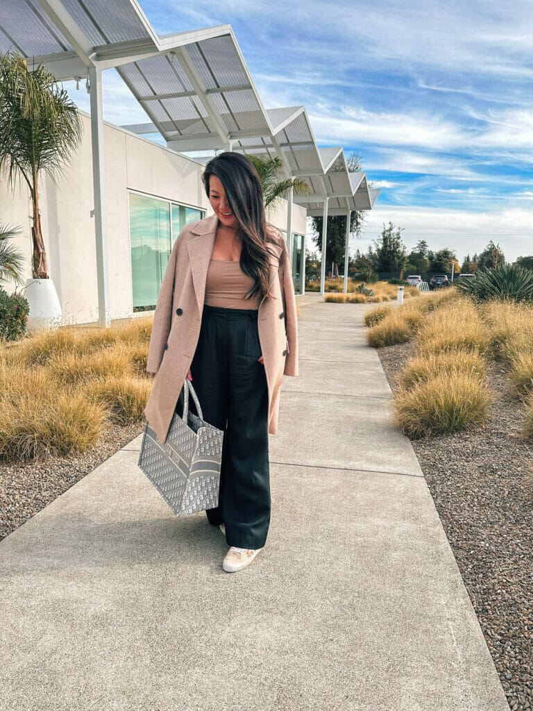 long coat and high waist pants for women