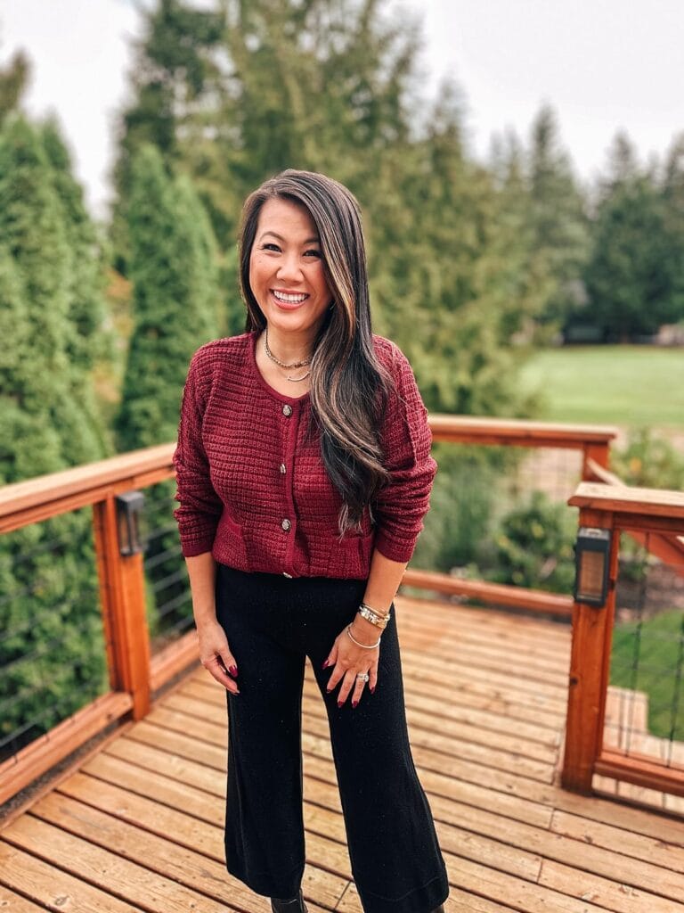 textured red cardigan outfit