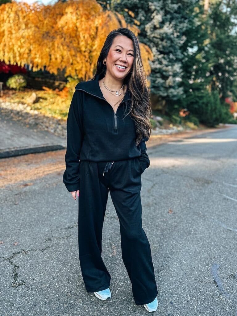 black lounge set with half zip