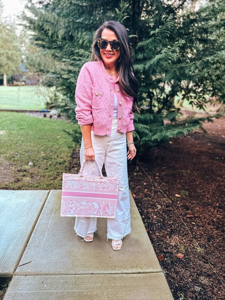 pink cardigan spring outfit